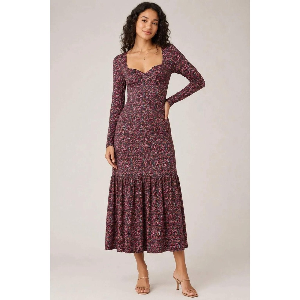 Hutch Floral Sweetheart Long Sleeve Tiered Midi Dress 10512NR Women's Small